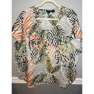 Tahari Blouse 100% Linen Tropical Palm Leaf Casual Beach Hawaiian Floral Top 3X